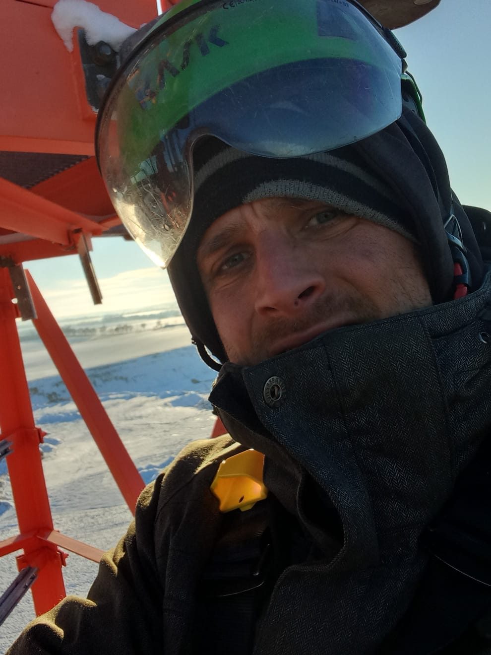 Selfie atop a wind turbine nacelle in winter conditions